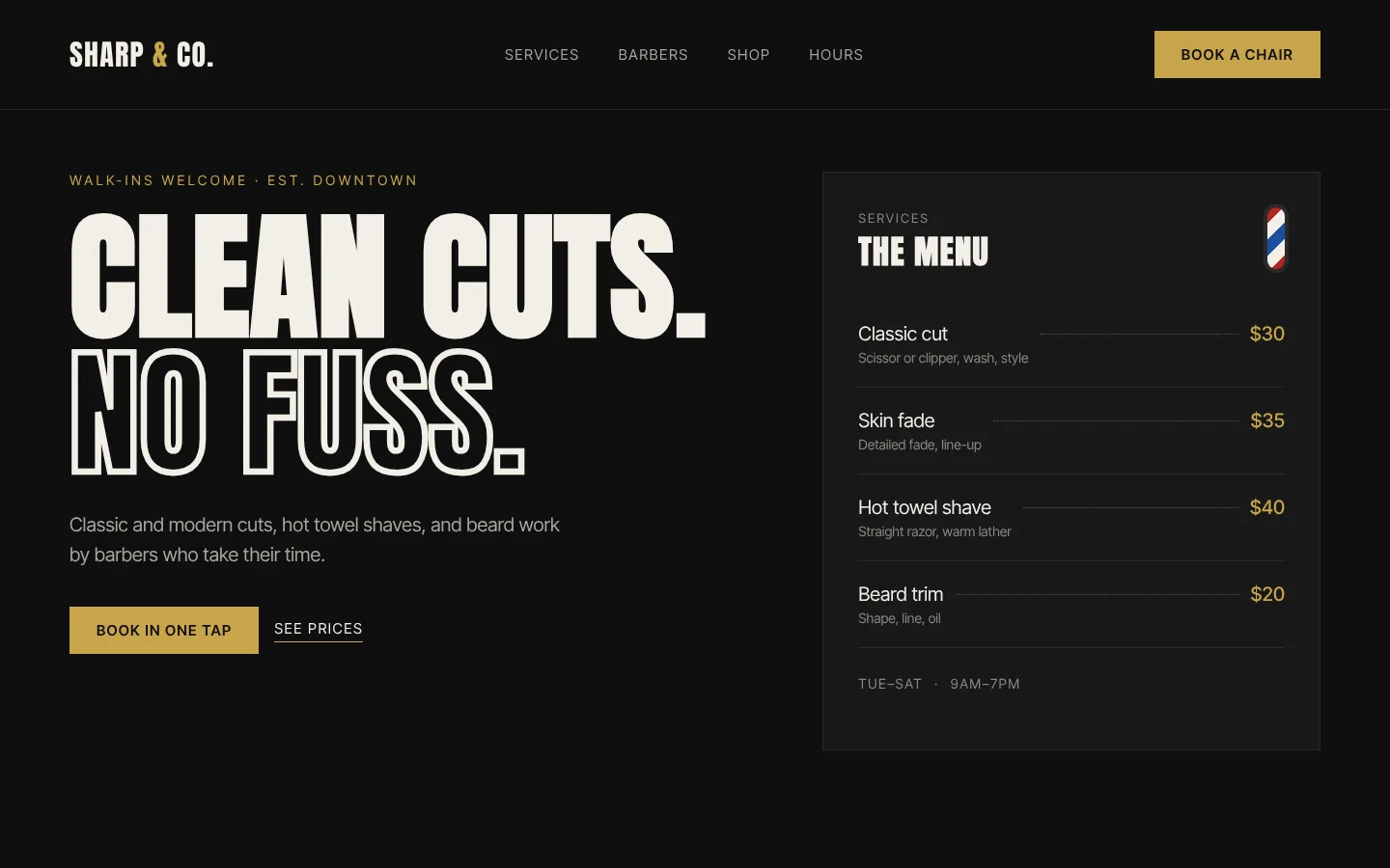 Concept homepage for a fictional barbershop: black and brass, condensed headline, and a service price list.