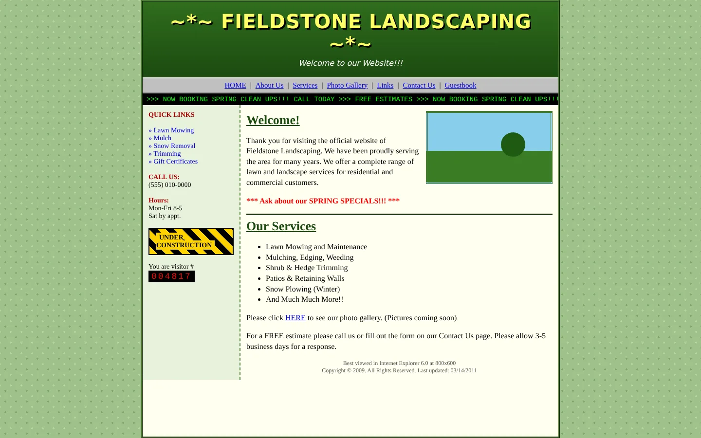 A dated small-business website: tiled background, cramped table layout, tiny blue links and a visitor counter.